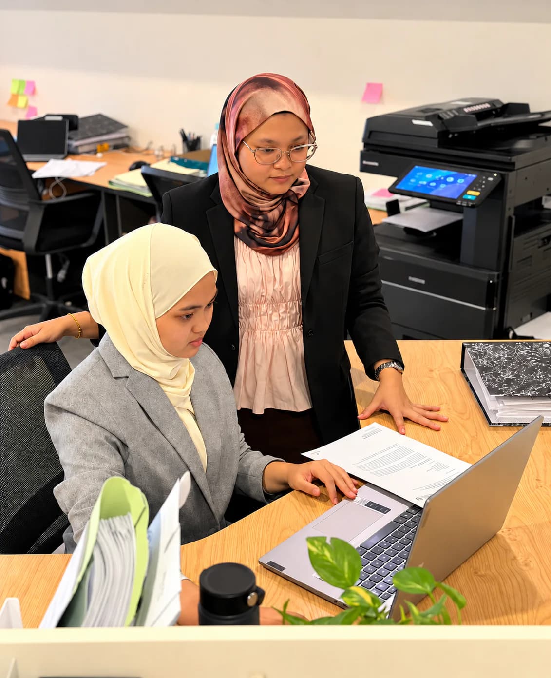 Two FSV professionals reviewing documents together on a laptop